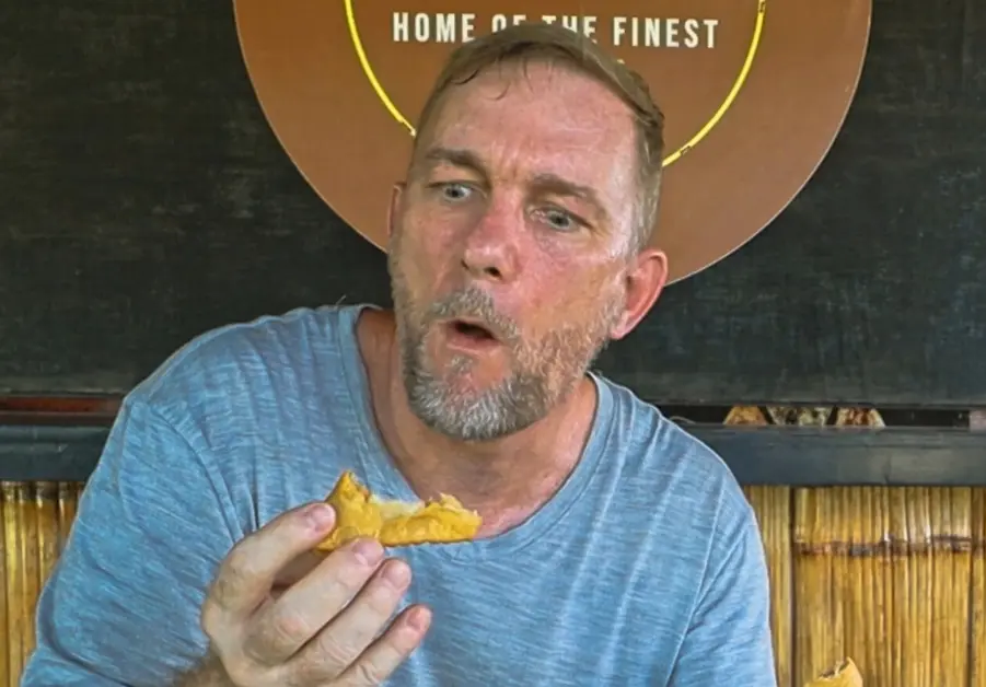 Geoff reacting to the rabbit Hops Puff pastry at Hops Grill House during his food trip in Bacolod.”