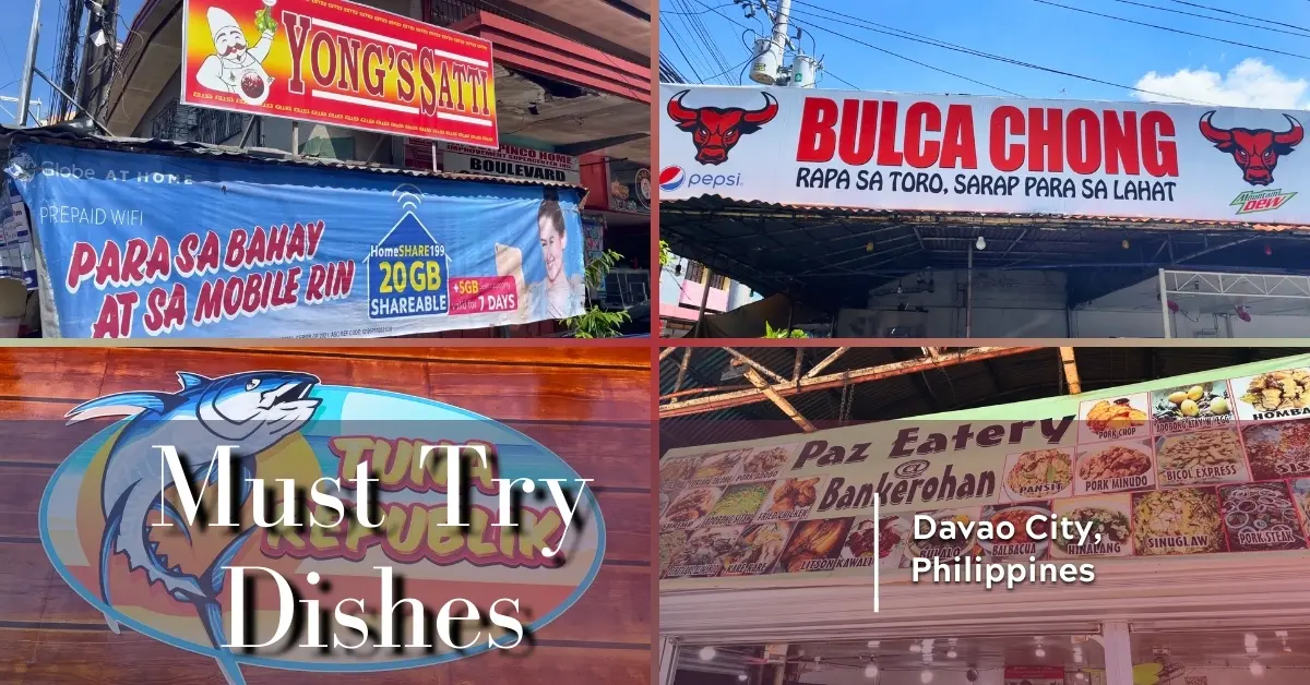 Collage of Davao City restaurants including Yong’s Satti, Bulca Chong, Paz Eatery, and Tuna Republik promoting must try dishes.