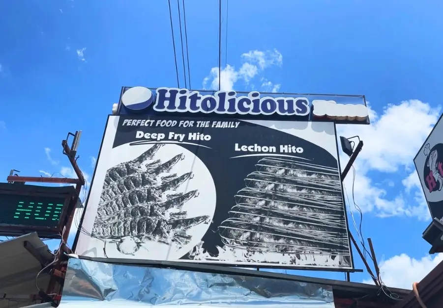 Hitolicious signboard advertising deep fried and lechon hito in Davao