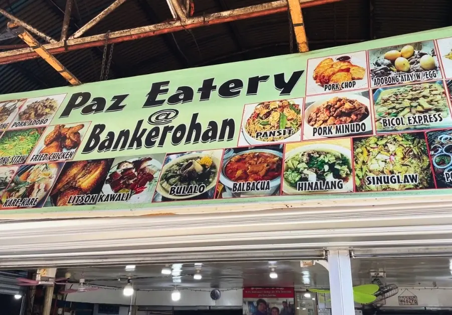 Signboard of Paz Eatery at Bankerohan Market showing menu items