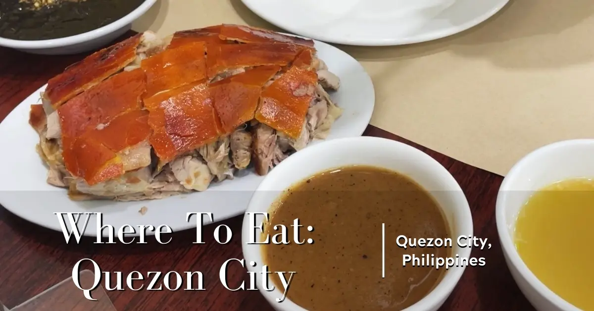 Lechon plate with crispy skin and dipping sauces from Elar’s Lechon in Quezon City.