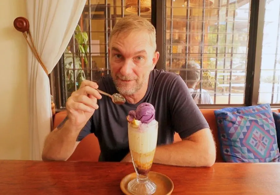 Geoff eating halo-halo at Little Quiapo’s Quezon City branch
