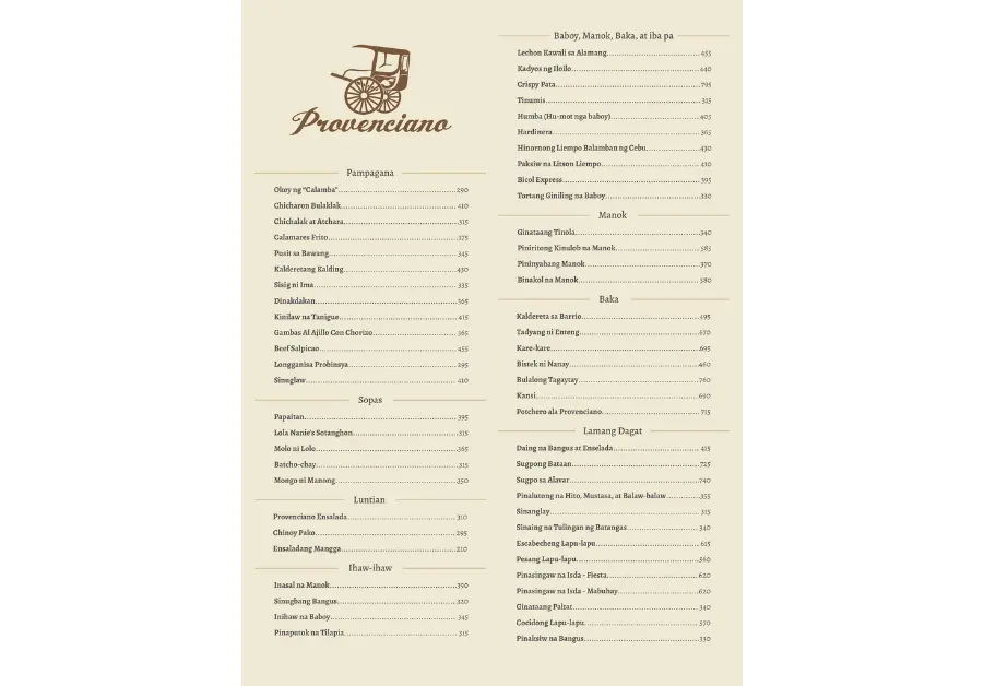 Provenciano Restaurant main dishes menu featuring crispy pata, kansi, humba, and regional Filipino food