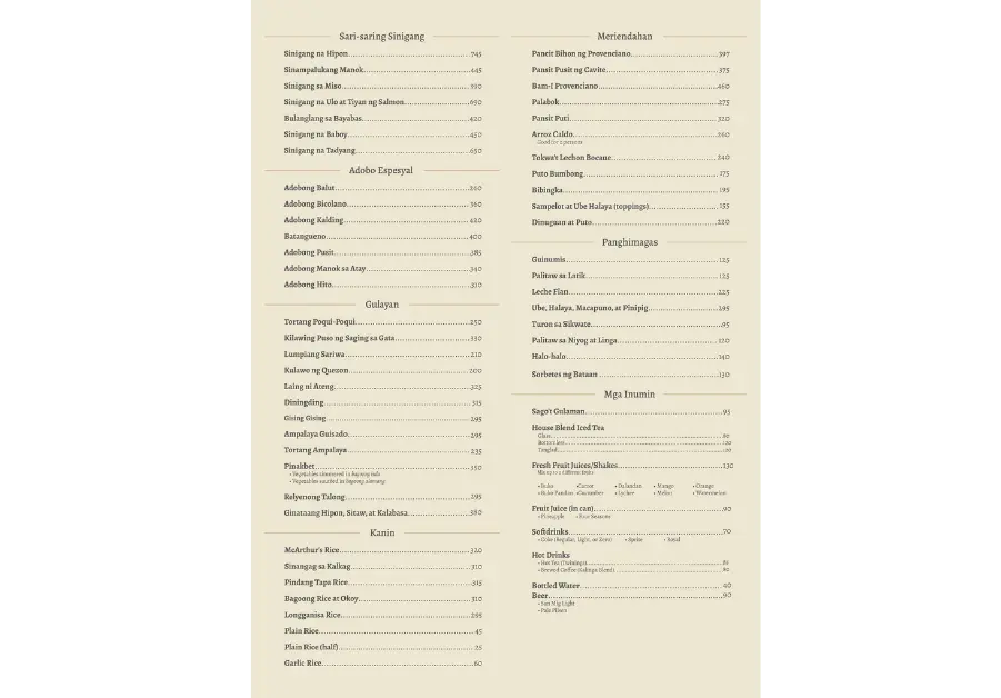 Provenciano Restaurant menu showing regional adobo, sinigang varieties, and traditional Filipino desserts