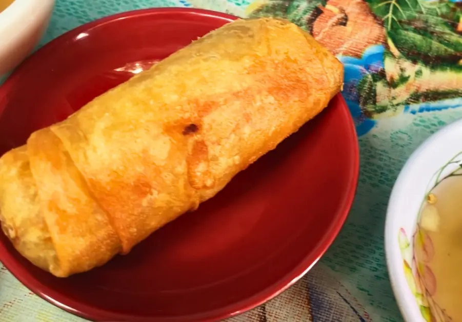 Filipino Street Food: Random Streets in Bago Bantay Freshly fried lumpiang togue on a red plate at Nanai Vicky’s carinderia