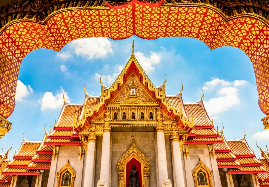 Buddhist temple with ornate roof in Bangkok, Thailand