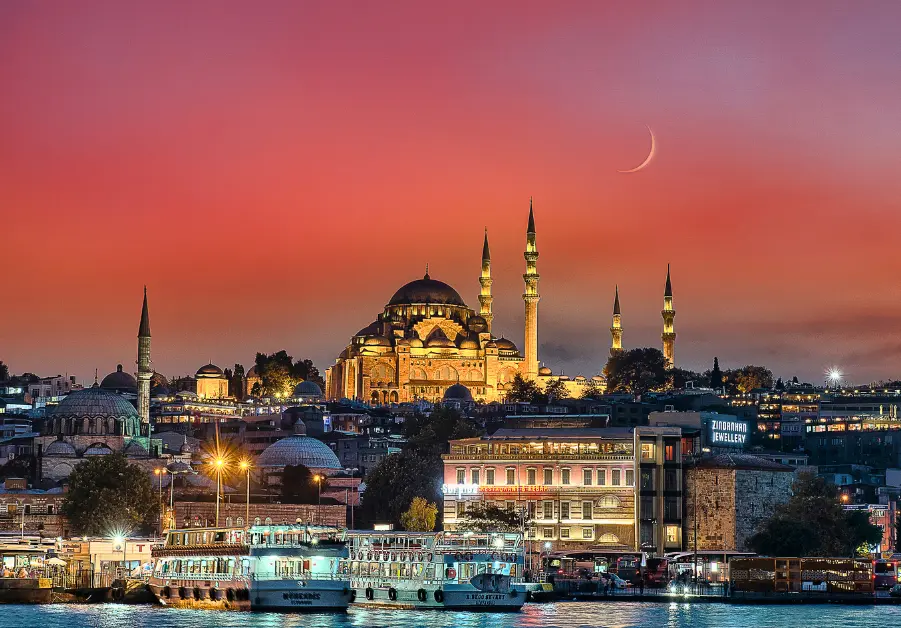 Istanbul skyline with mosque at sunset, Turkey