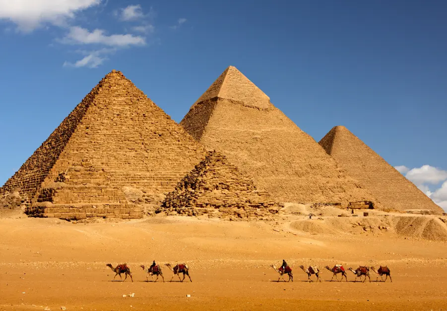 Pyramids of Giza and camel caravan in Egypt
