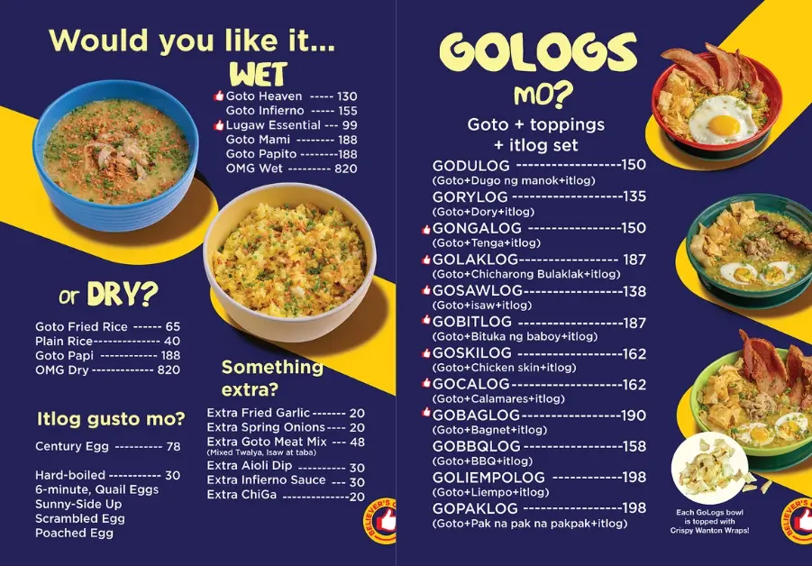 Goto Believe: Kapitolyo's Mind-Blowing Congee Goto Believe menu showing wet and dry goto options with toppings and egg sets
