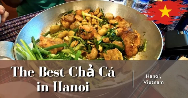 Hotplate of turmeric fish and dill at Chả Cá Anh Vũ restaurant, known for the best chả cá Hanoi