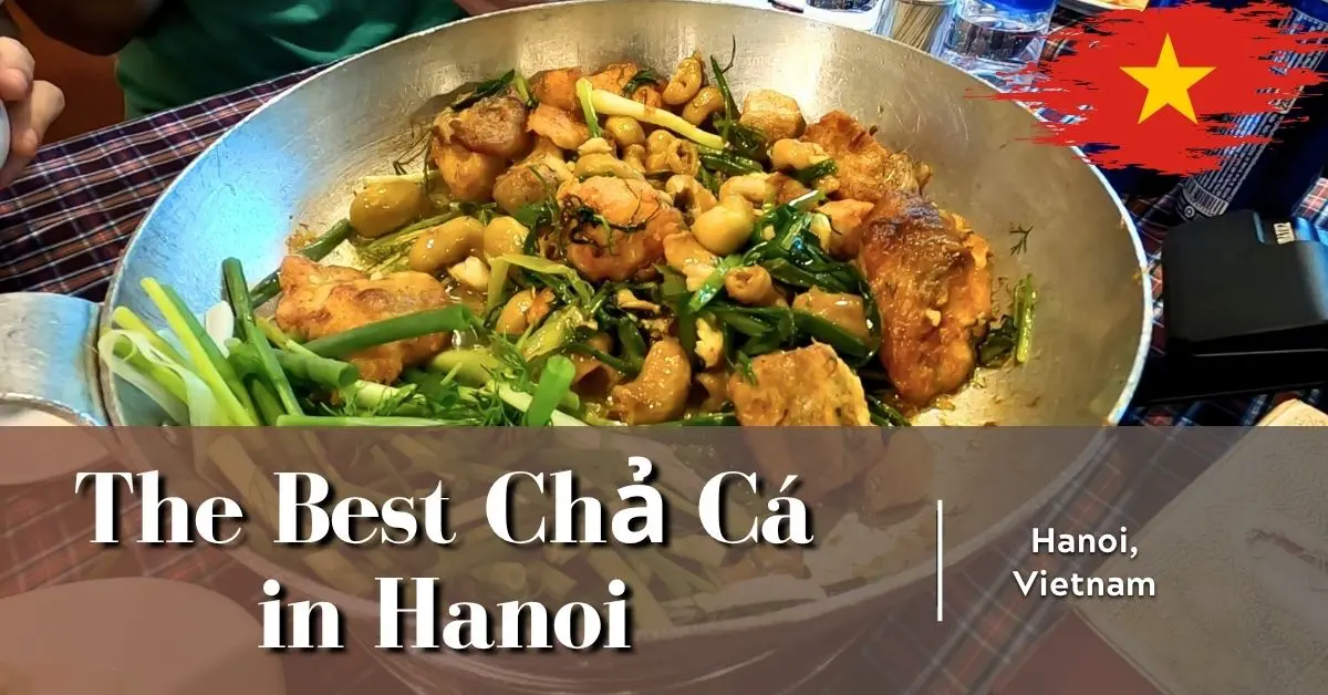 Hotplate of turmeric fish and dill at Chả Cá Anh Vũ restaurant, known for the best chả cá Hanoi