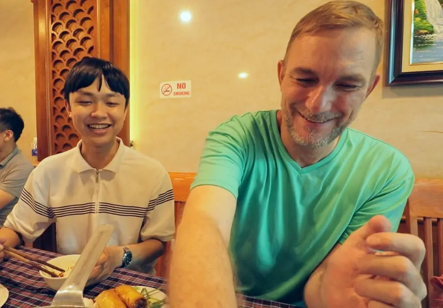 Geoff and Quan dining at Chả Cá Anh Vũ Hanoi 