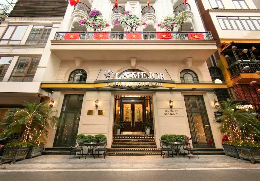 Front façade of La Mejor Indochine Hotel on Dao Duy Tu Street, Hanoi Old Quarter.