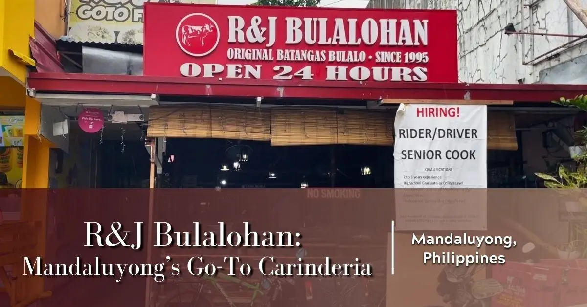 Wide shot of the R&J Bulalohan storefront with a large red sign, showcasing the dark, bamboo-covered interior and the overlay text: "Mandaluyong, Philippines."