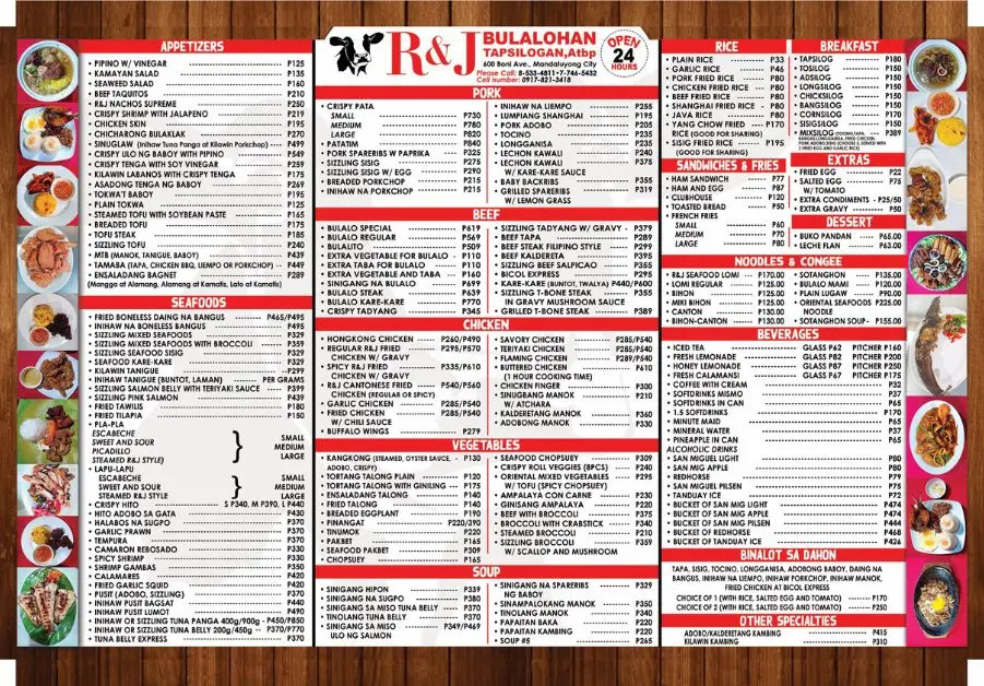 A laminated, incredibly dense menu featuring hundreds of Filipino dishes from pork, beef, seafood, and chicken sections.