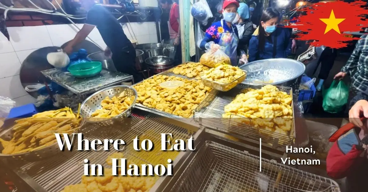 fried squid and fish cakes at a Hanoi market in the early morning